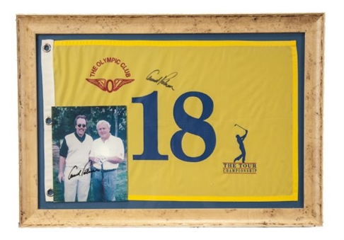 Arnold Palmer Twice Signed Display with Signed Golf Flag and Signed Photo
